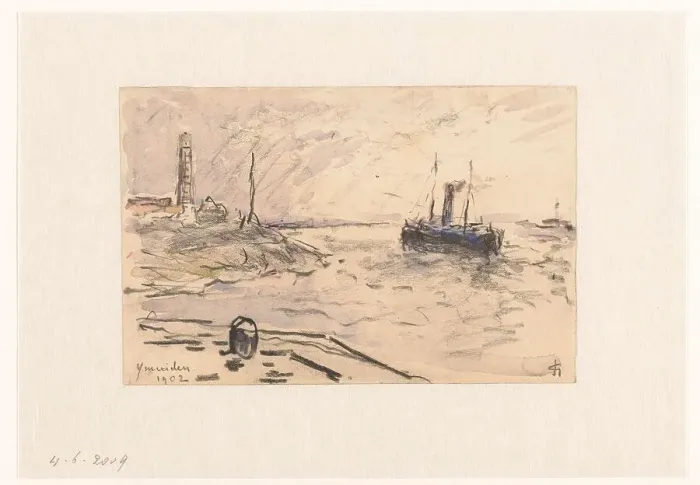 Framed Print : View of the coast of IJmuiden with lighthouse and ship, 1902. Creator: Carel Nicolaas Storm Framed Print : View of the coast of IJmuiden with lighthouse and ship, 1902. Creator: Carel Nicolaas Storm