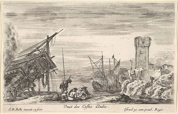 View of the coast of Italy (Veue des Costes d Italie), the bow of a ship resting to left