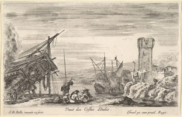 Framed Print : View of the coast of Italy (Veue des Costes d Italie), the bow of a ship resting to left Framed Print : View of the coast of Italy (Veue des Costes d Italie), the bow of a ship resting to left
