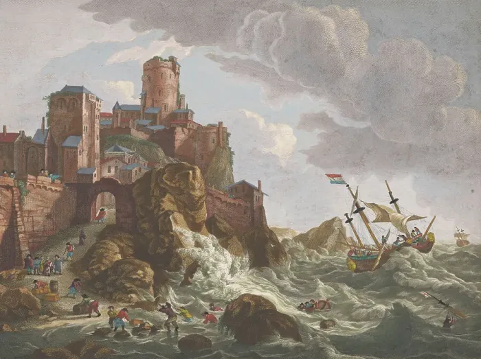 Framed Print : View on a coast with ships and boats on the cliffs in Norway, 1700-1799. Creators: Anon, Pierre Maleuvre Framed Print : View on a coast with ships and boats on the cliffs in Norway, 1700-1799. Creators: Anon, Pierre Maleuvre