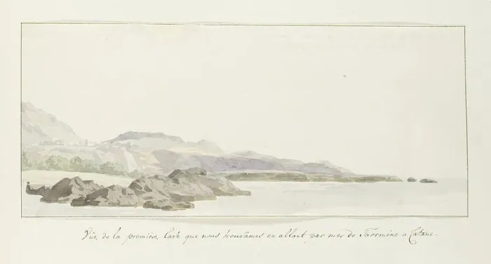 Framed Print : View of the coast at Taormina with lava stream, 1778. Creator: Louis Ducros Framed Print : View of the coast at Taormina with lava stream, 1778. Creator: Louis Ducros