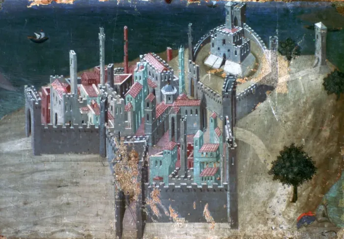 Framed Print : View of a Coastal City, c1300-1348. Artist: Ambrogio Lorenzetti Framed Print : View of a Coastal City, c1300-1348. Artist: Ambrogio Lorenzetti