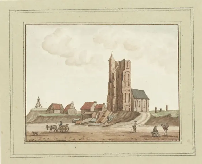 Framed Print : View of the collapsed tower in Egmond aan Zee, c. 1752. Creator: Anon Framed Print : View of the collapsed tower in Egmond aan Zee, c. 1752. Creator: Anon