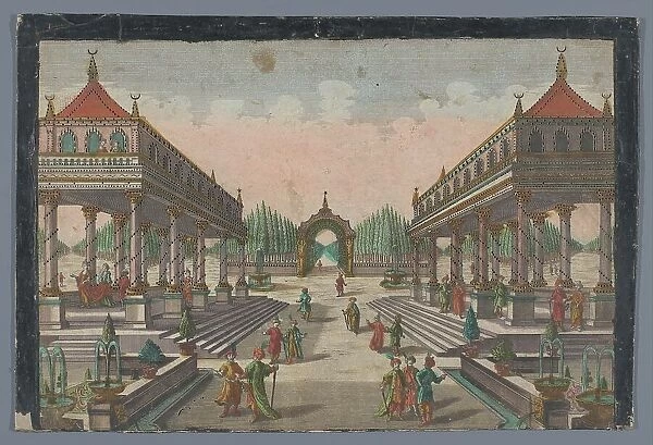 View of a colonnade towards a cypress garden in Constantinople, 1742-1801. Creator: Anon