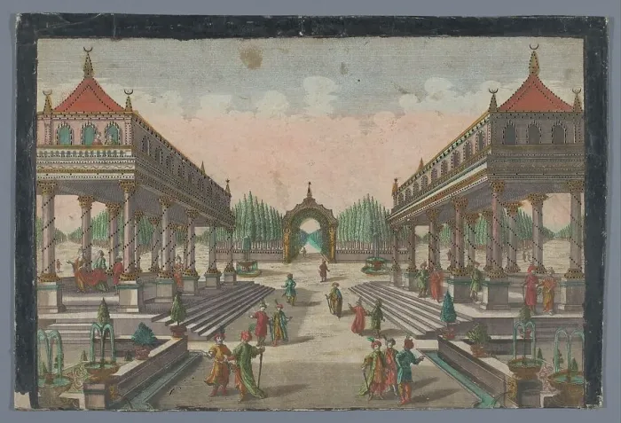 Framed Print : View of a colonnade towards a cypress garden in Constantinople, 1742-1801. Creator: Anon Framed Print : View of a colonnade towards a cypress garden in Constantinople, 1742-1801. Creator: Anon