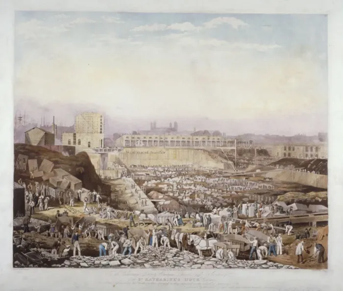Framed Print : View of construction work at St Katherines Dock, Stepney, London, January, 1828 Framed Print : View of construction work at St Katherines Dock, Stepney, London, January, 1828