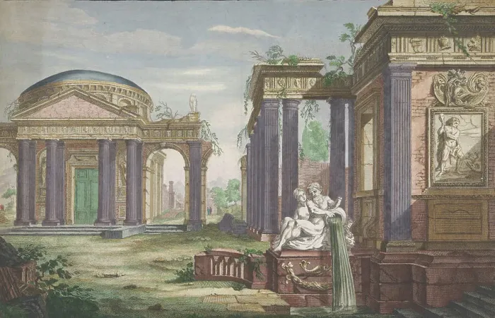 Framed Print : View of a Corinthian Temple, 1700-1799. Creators: Anon, François-Philippe Charpentier Framed Print : View of a Corinthian Temple, 1700-1799. Creators: Anon, François-Philippe Charpentier