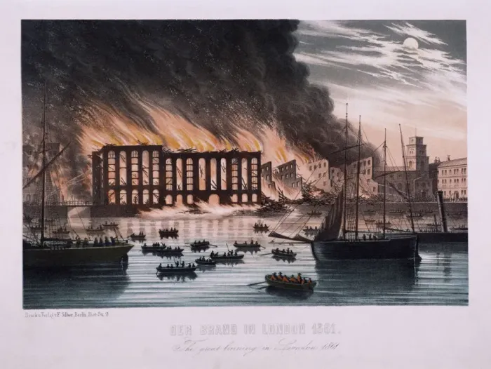 Framed Print : View of the Cottons Wharf Fire, Bermondsey, London, 1861 Framed Print : View of the Cottons Wharf Fire, Bermondsey, London, 1861