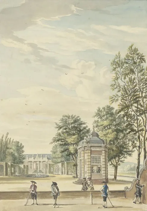 Framed Print : View of a country estate with four golfers, 1706-1800. Creator: Anon Framed Print : View of a country estate with four golfers, 1706-1800. Creator: Anon