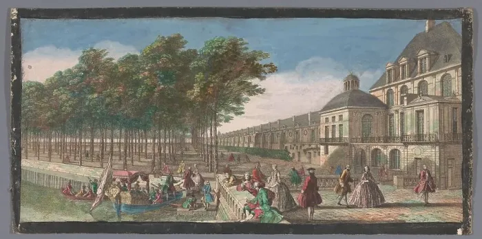 Framed Print : View of the Cour de la Fontaine of the Palais de Fontainebleau, 1700-1799. Creators: Anon, Jacques Rigaud Framed Print : View of the Cour de la Fontaine of the Palais de Fontainebleau, 1700-1799. Creators: Anon, Jacques Rigaud