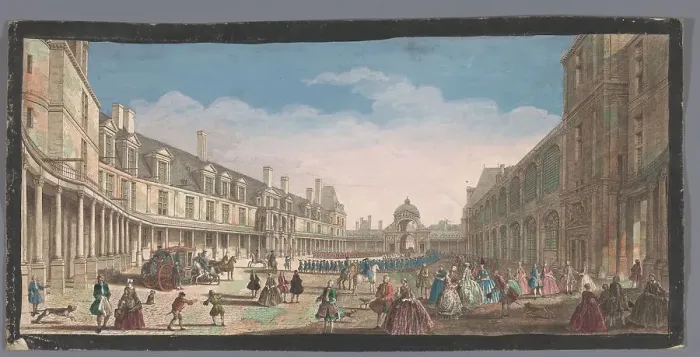 Framed Print : View of the Cour Ovale of the Palais de Fontainebleau, 1700-1799. Creators: Anon, Jacques Rigaud Framed Print : View of the Cour Ovale of the Palais de Fontainebleau, 1700-1799. Creators: Anon, Jacques Rigaud