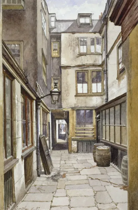 Framed Print : View of the court leading to the Adelphi Club, Westminster, London, 1887. Artist Framed Print : View of the court leading to the Adelphi Club, Westminster, London, 1887. Artist