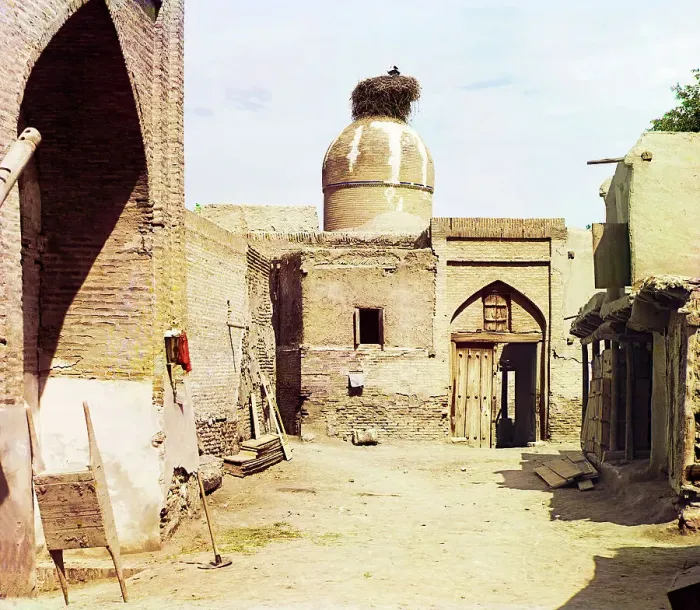 Framed Print : View of a courtyard, adobe buildings, and a bird's nest atop a dome, between 1905 and 1915. Creator: Sergey Mikhaylovich Prokudin-Gorsky Framed Print : View of a courtyard, adobe buildings, and a bird's nest atop a dome, between 1905 and 1915. Creator: Sergey Mikhaylovich Prokudin-Gorsky