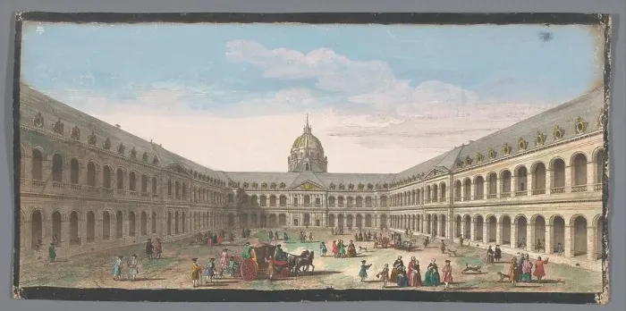 Framed Print : View of the courtyard of the Hôtel des Invalides in Paris, 1700-1799. Creators: Anon, Jacques Rigaud Framed Print : View of the courtyard of the Hôtel des Invalides in Paris, 1700-1799. Creators: Anon, Jacques Rigaud