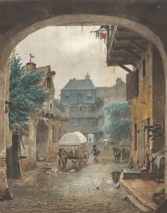Framed Print : View into the Courtyard of an Inn at Colmar, 1821-77. Creator Framed Print : View into the Courtyard of an Inn at Colmar, 1821-77. Creator