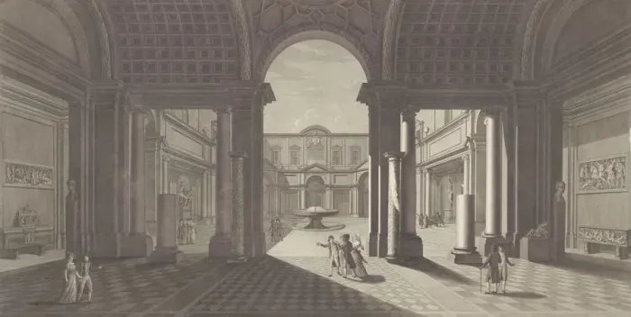 Framed Print : View of the courtyard of the Museo Pio-Clementino, from Veduta generale in prosp... ca Framed Print : View of the courtyard of the Museo Pio-Clementino, from Veduta generale in prosp... ca