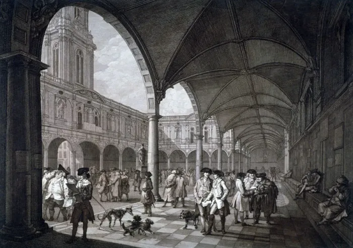Framed Print : View of the courtyard in the Royal Exchange with merchants and brokers, City of London, 1788 Framed Print : View of the courtyard in the Royal Exchange with merchants and brokers, City of London, 1788