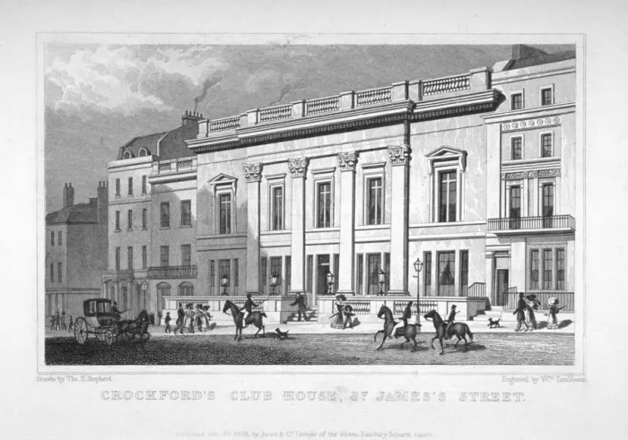 Framed Print : View of Crockfords Club on St Jamess Street, Westminster, London, 1828 Framed Print : View of Crockfords Club on St Jamess Street, Westminster, London, 1828