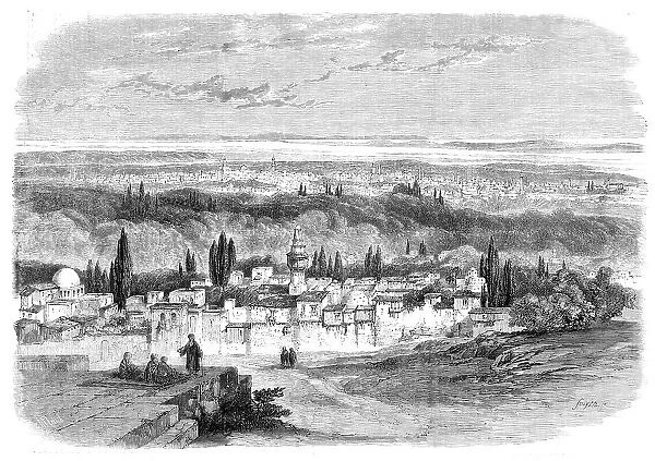 View of Damascus from the Hill of Salahiyeh - from a drawing by E. Harker, 1860. Creator: Smyth