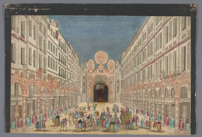 Framed Print : View of decorations on rue de la Ferronnerie in Paris on occasion of the restoration...1745 Creator: Anon Framed Print : View of decorations on rue de la Ferronnerie in Paris on occasion of the restoration...1745 Creator: Anon