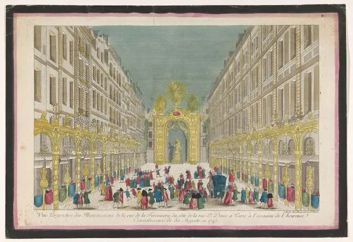 Framed Print : View of decorations on rue de la Ferronnerie in Paris on occasion of the restoration...1745 Creator: Anon Framed Print : View of decorations on rue de la Ferronnerie in Paris on occasion of the restoration...1745 Creator: Anon