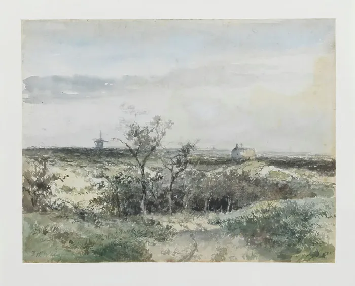 Framed Print : View of the Dekkersduin, with the old gas factory and windmill in the distance, 1834-1903. Creator: Jan Hendrik Weissenbruch Framed Print : View of the Dekkersduin, with the old gas factory and windmill in the distance, 1834-1903. Creator: Jan Hendrik Weissenbruch