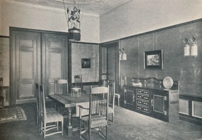 Framed Print : A view of a dining-room in a Berlin flat, designed by M. H. Baillie Scott, c1909 Framed Print : A view of a dining-room in a Berlin flat, designed by M. H. Baillie Scott, c1909