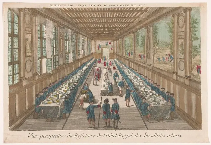 Framed Print : View of the dining room of the Hôtel des Invalides in Paris with a company of a meal, 1700-1799. Creator: Anon Framed Print : View of the dining room of the Hôtel des Invalides in Paris with a company of a meal, 1700-1799. Creator: Anon