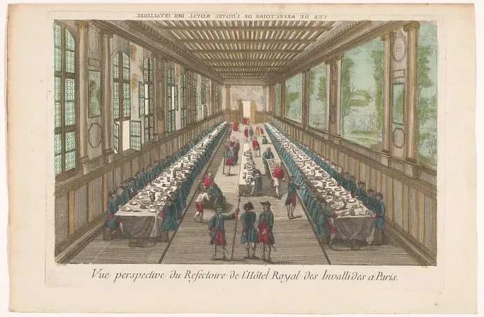 Framed Print : View of the dining room of the Hôtel des Invalides in Paris with a company of a meal, 1700-1799. Creator: Anon Framed Print : View of the dining room of the Hôtel des Invalides in Paris with a company of a meal, 1700-1799. Creator: Anon