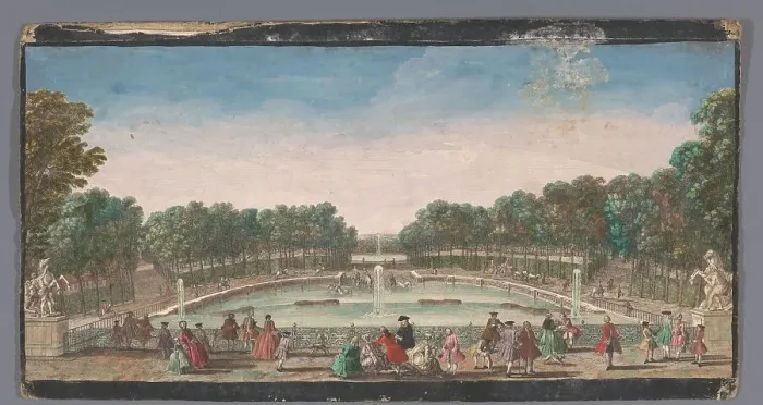 Framed Print : View of the drinking pond of the garden of the Château de Marly, 1700-1799. Creators: Anon, Jacques Rigaud Framed Print : View of the drinking pond of the garden of the Château de Marly, 1700-1799. Creators: Anon, Jacques Rigaud