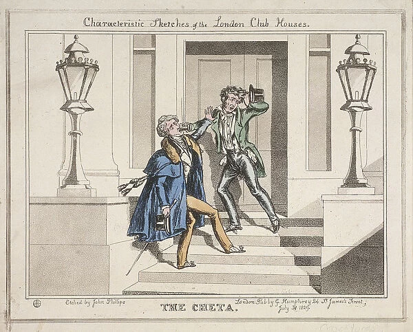View of two drunken revellers on the steps of Crockfords Club, London, 1829. Artist