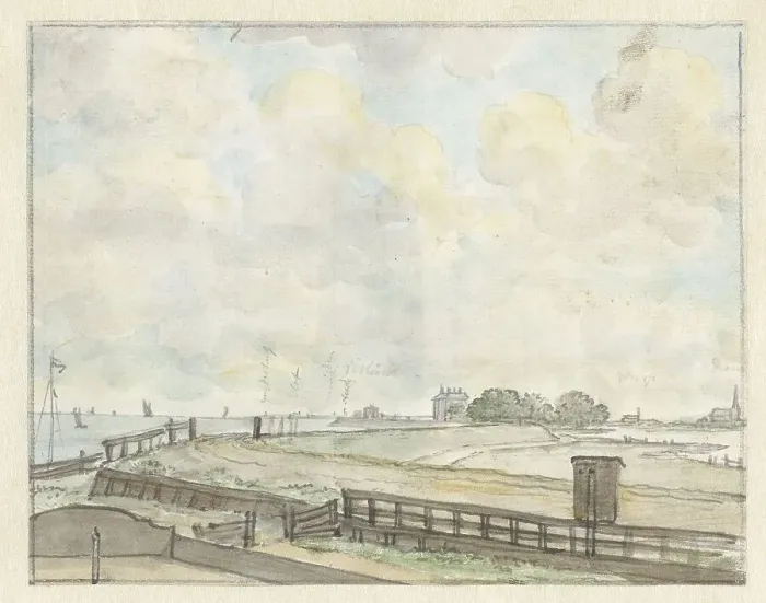 Framed Print : View of dyke outside Amsterdam, 1785. Creator: Juriaan Andriessen Framed Print : View of dyke outside Amsterdam, 1785. Creator: Juriaan Andriessen