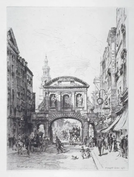 Framed Print : View of the east side of Temple Bar, London, 1877. Artist: Alfred-Louis Brunet-Debaines Framed Print : View of the east side of Temple Bar, London, 1877. Artist: Alfred-Louis Brunet-Debaines