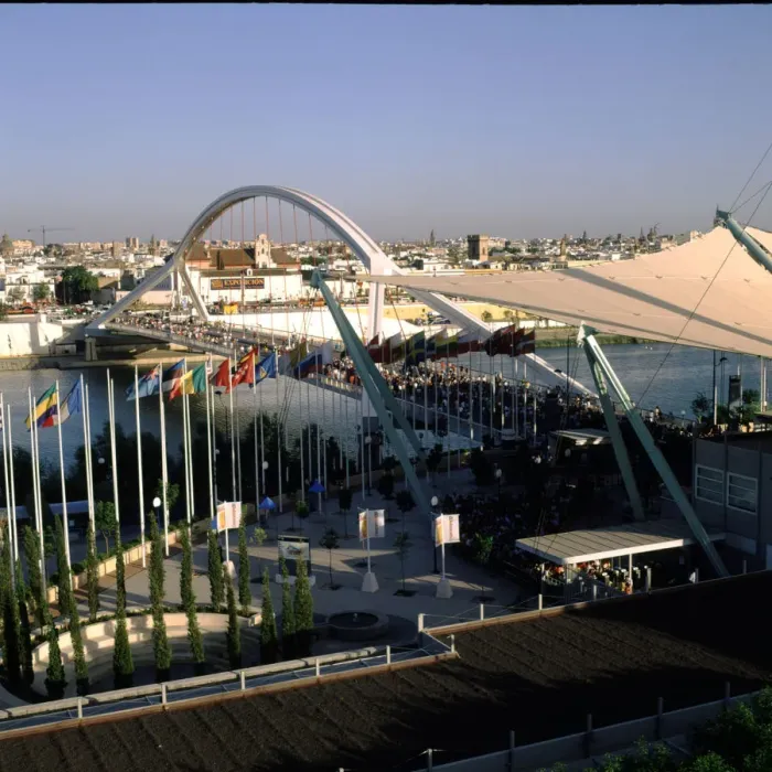 Framed Print : View of the entrance by the Barqueta bridge in the Universal Exhibition of Seville in 1992 Framed Print : View of the entrance by the Barqueta bridge in the Universal Exhibition of Seville in 1992