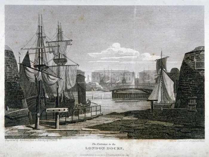 Framed Print : View of the entrance to London Docks, Wapping, 1815. Artist: T Matthews Framed Print : View of the entrance to London Docks, Wapping, 1815. Artist: T Matthews