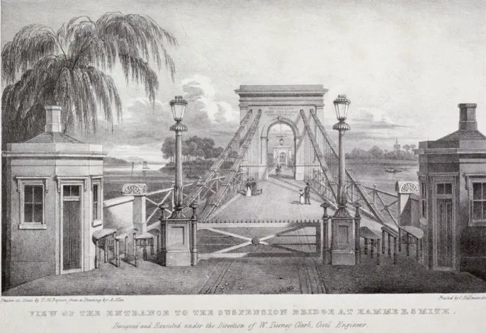 Framed Print : View of the entrance to the suspension bridge at Hammersmith... London, 1827 Framed Print : View of the entrance to the suspension bridge at Hammersmith... London, 1827