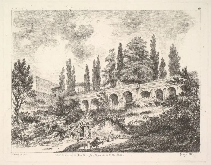 Framed Print : View of the entrance to Tivoli and the walls of the Villa d Este, horsemen approac Framed Print : View of the entrance to Tivoli and the walls of the Villa d Este, horsemen approac