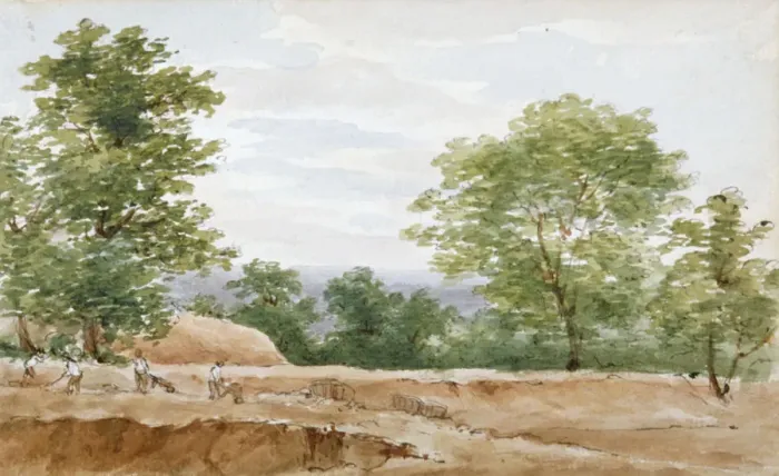 Framed Print : View from the excavations of Highgate Tunnel, London, 1812. Artist: George Arnald Framed Print : View from the excavations of Highgate Tunnel, London, 1812. Artist: George Arnald