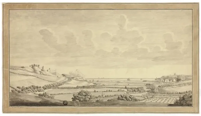 Framed Print : View of Farm Land Near the Sea, c. 1770. Creators: Unknown, M. Venner Framed Print : View of Farm Land Near the Sea, c. 1770. Creators: Unknown, M. Venner