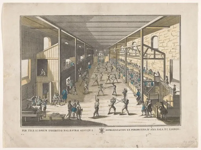Framed Print : View of a fencing school, 1700-1799. Creator: Remondini family Framed Print : View of a fencing school, 1700-1799. Creator: Remondini family
