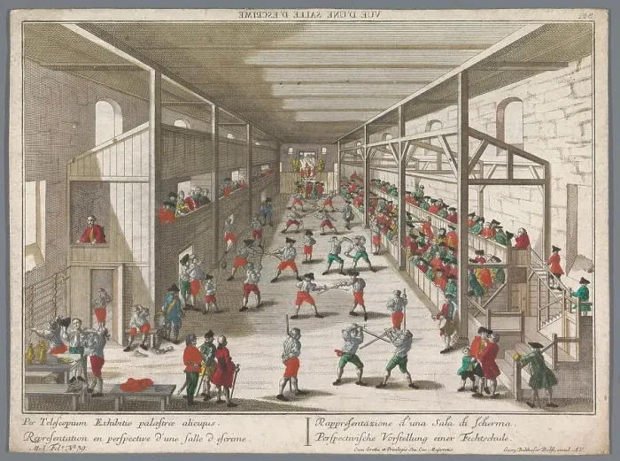 Framed Print : View of a fencing school, 1742-1801. Creator: Anon Framed Print : View of a fencing school, 1742-1801. Creator: Anon