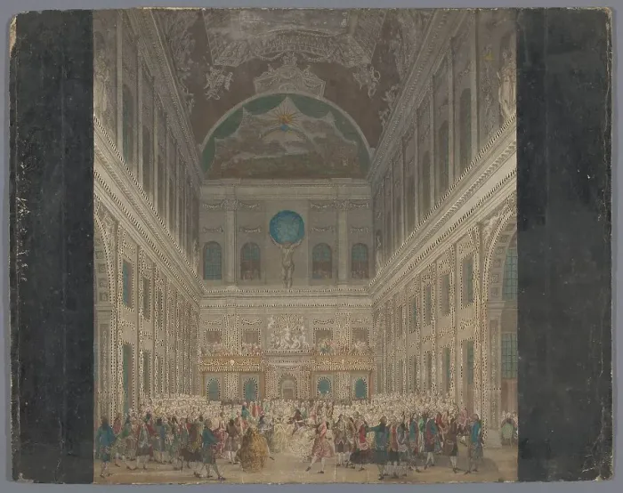 Framed Print : View of a festive ball in the interior of the town hall in Amsterdam, on June 6, 1768, (1768-1787). Creator: Anon Framed Print : View of a festive ball in the interior of the town hall in Amsterdam, on June 6, 1768, (1768-1787). Creator: Anon