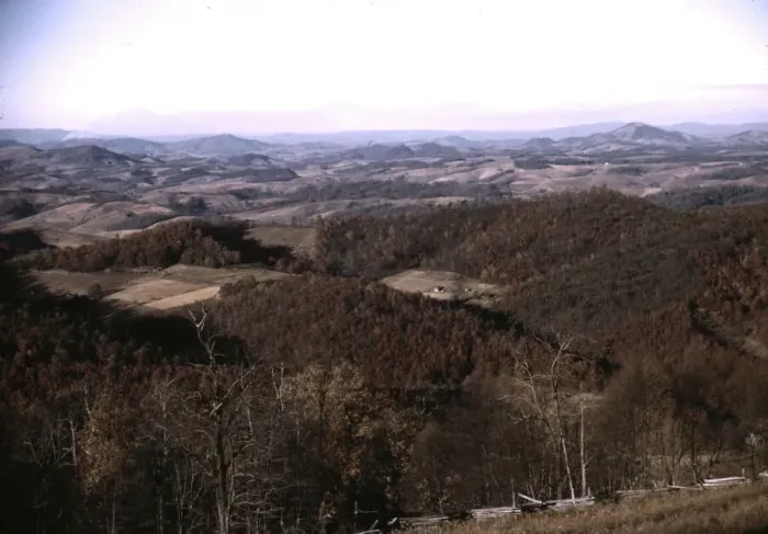 Framed Print : View of fields and wooded foothills from the Skyline Drive, Virginia, ca. 1940. Creator: Jack Delano Framed Print : View of fields and wooded foothills from the Skyline Drive, Virginia, ca. 1940. Creator: Jack Delano