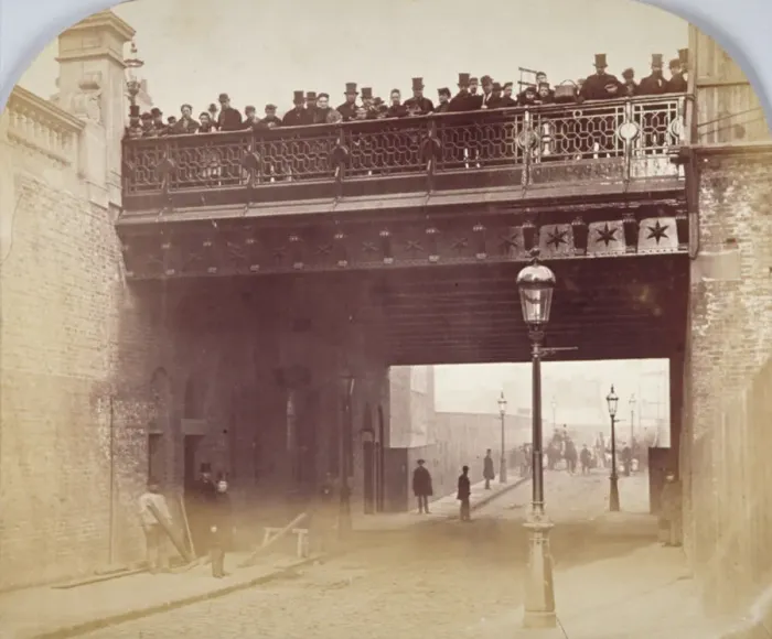 Framed Print : View of figures looking over the south side of Shoe Lane Bridge, City of London, 1869 Framed Print : View of figures looking over the south side of Shoe Lane Bridge, City of London, 1869
