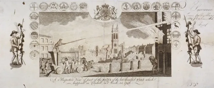 Framed Print : View of fire engines extinguishing a fire in Cornhill, City of London, 25 March 1748 Framed Print : View of fire engines extinguishing a fire in Cornhill, City of London, 25 March 1748