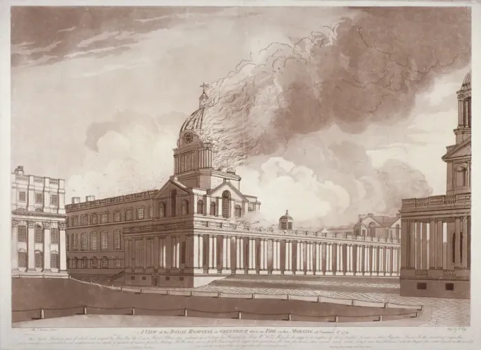 Framed Print : View of the fire at Greenwich Hospital, London, on the morning of 2nd January, 1779