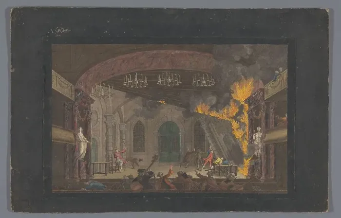 Framed Print : View of the fire on the stage of the Schouwburg in Amsterdam on 11 May 1772, (1772-1799). Creator: Anon Framed Print : View of the fire on the stage of the Schouwburg in Amsterdam on 11 May 1772, (1772-1799). Creator: Anon