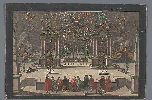 View of fireworks and a triumphal arch with a two-headed eagle and the name of Joseph... 1765-1799 Creator: Anon