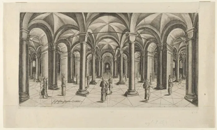 Framed Print : View in Fisheye perspective of a Hall with Columns and Cross Rib Vaulting, ca. 1610-20 Framed Print : View in Fisheye perspective of a Hall with Columns and Cross Rib Vaulting, ca. 1610-20