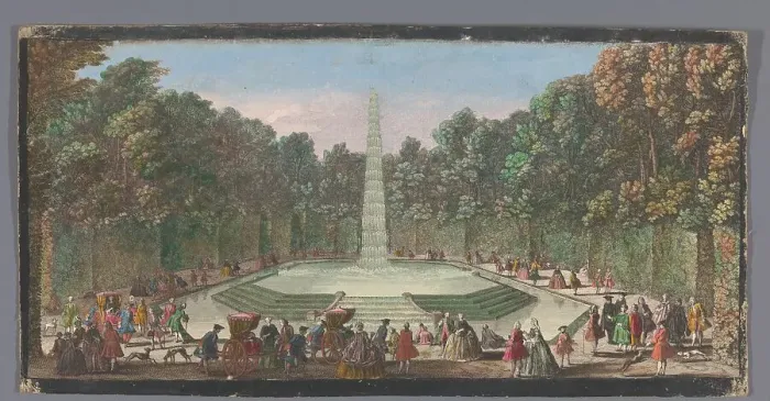 Framed Print : View of the Fontaine de l'Obélisque in the garden of Versailles, 1700-1799. Creators: Anon, Jacques Rigaud Framed Print : View of the Fontaine de l'Obélisque in the garden of Versailles, 1700-1799. Creators: Anon, Jacques Rigaud